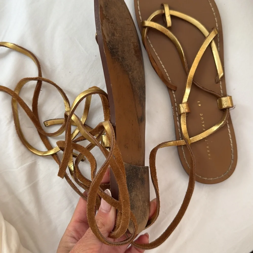 Zara LACE UP TIED FLAT LEATHER SANDALS 41 - Picture 6 of 6